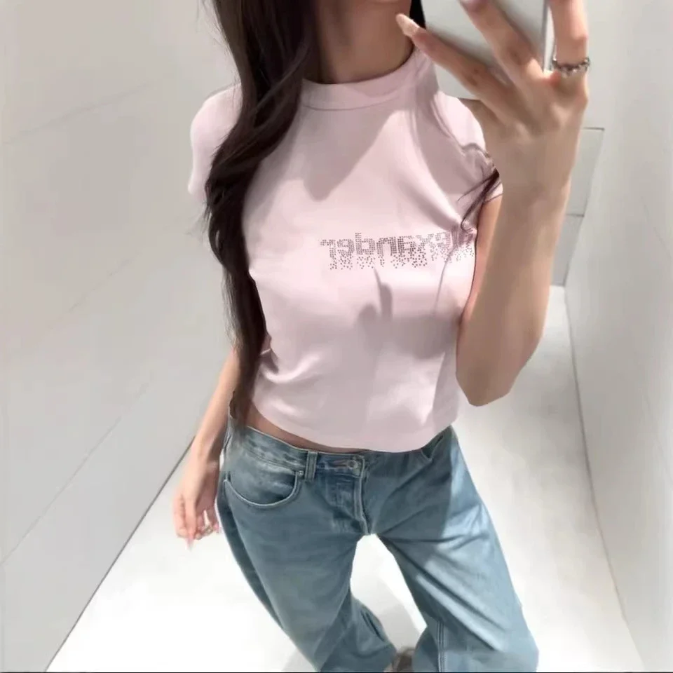 Correct version of 2026 early spring new letter hot diamond high weight threaded fabric right shoulder slim short-sleeved T-shirt for women