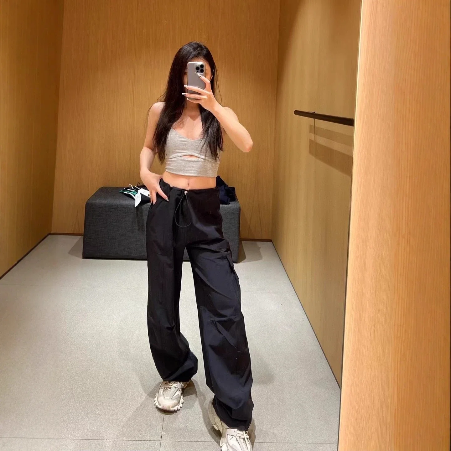Paratrooper overalls, wide-leg pants, high-waisted casual slimming, lightweight, quick-drying drawstring sports casual trousers * No returns will be accepted without reason if there are no q