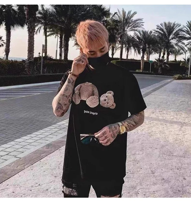 Palm Angels Teddy Bear Pink Embroidered T-Shirt Black - 5