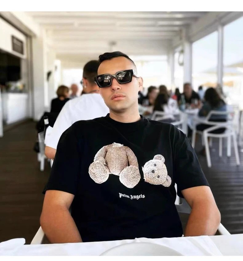 Palm Angels Teddy Bear Pink Embroidered T-Shirt Black - 6
