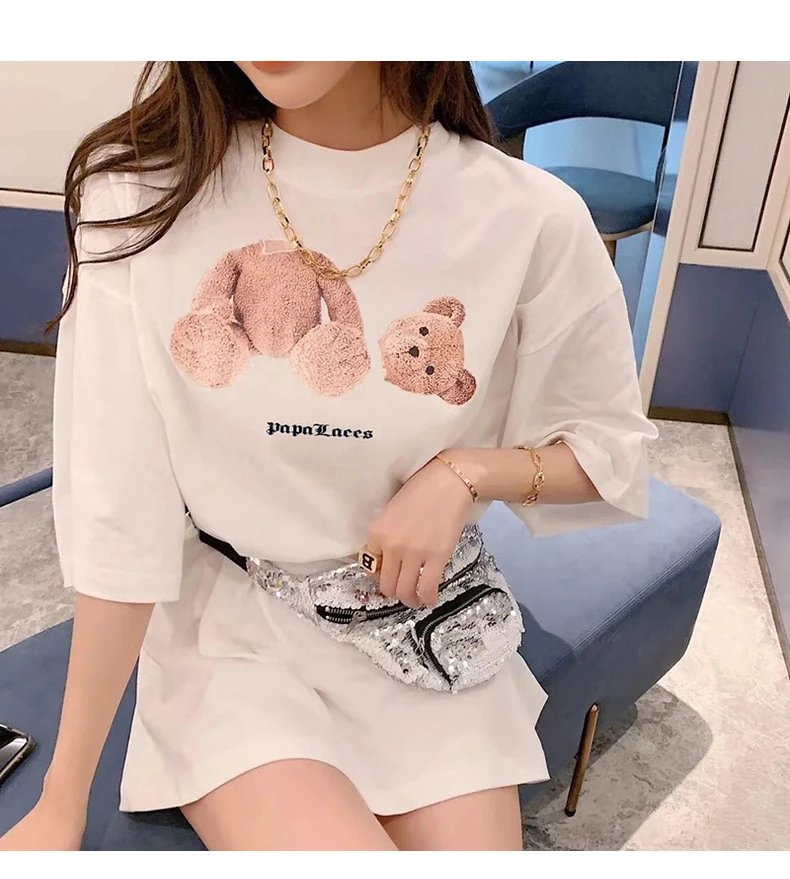 Palm Angels Teddy Bear Pink Embroidered T-Shirt Black - 9