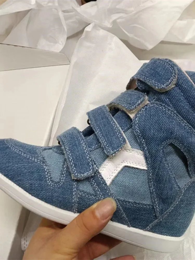 【DX279】Women's 8CM Platform Sneakers with Hidden Height-Increasing Magic Strap, Color-Blocked Leather High-Top Casual Shoes with Free Shipping