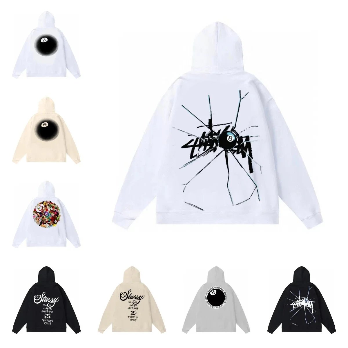 Stussy White Hoodie with 8 Ball Design