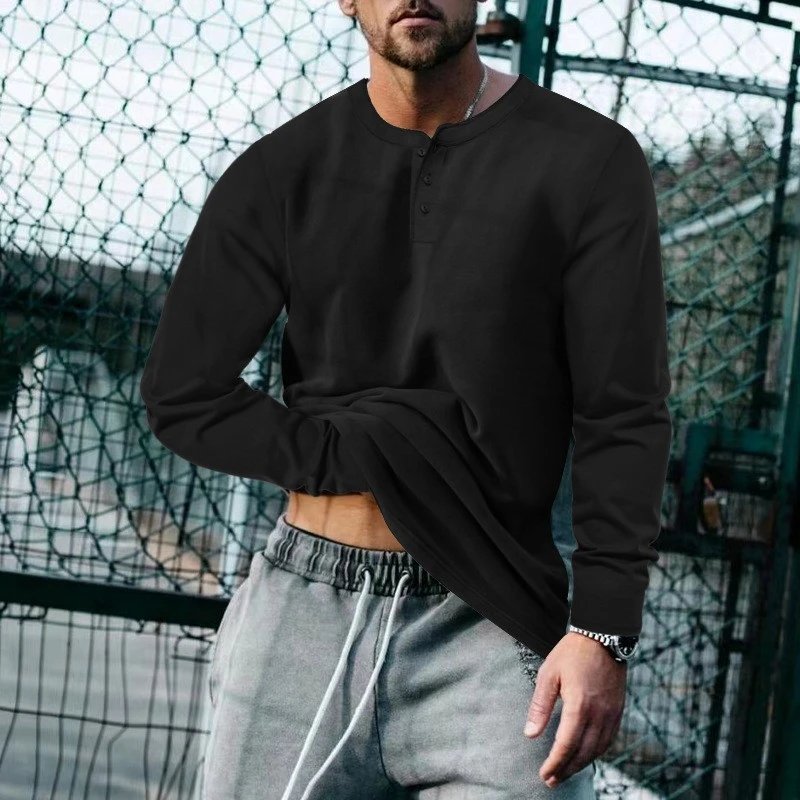 Unbranded T-Shirts Long Sleeve Henley T-Shirt — Black