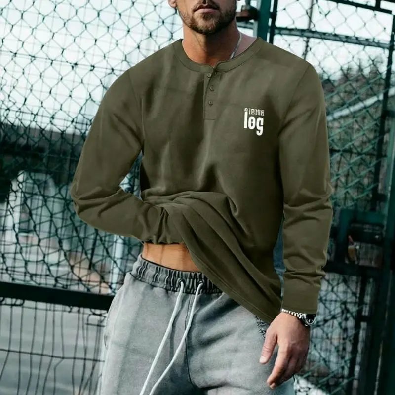 Unbranded T-Shirts Long Sleeve Henley T-Shirt — army green