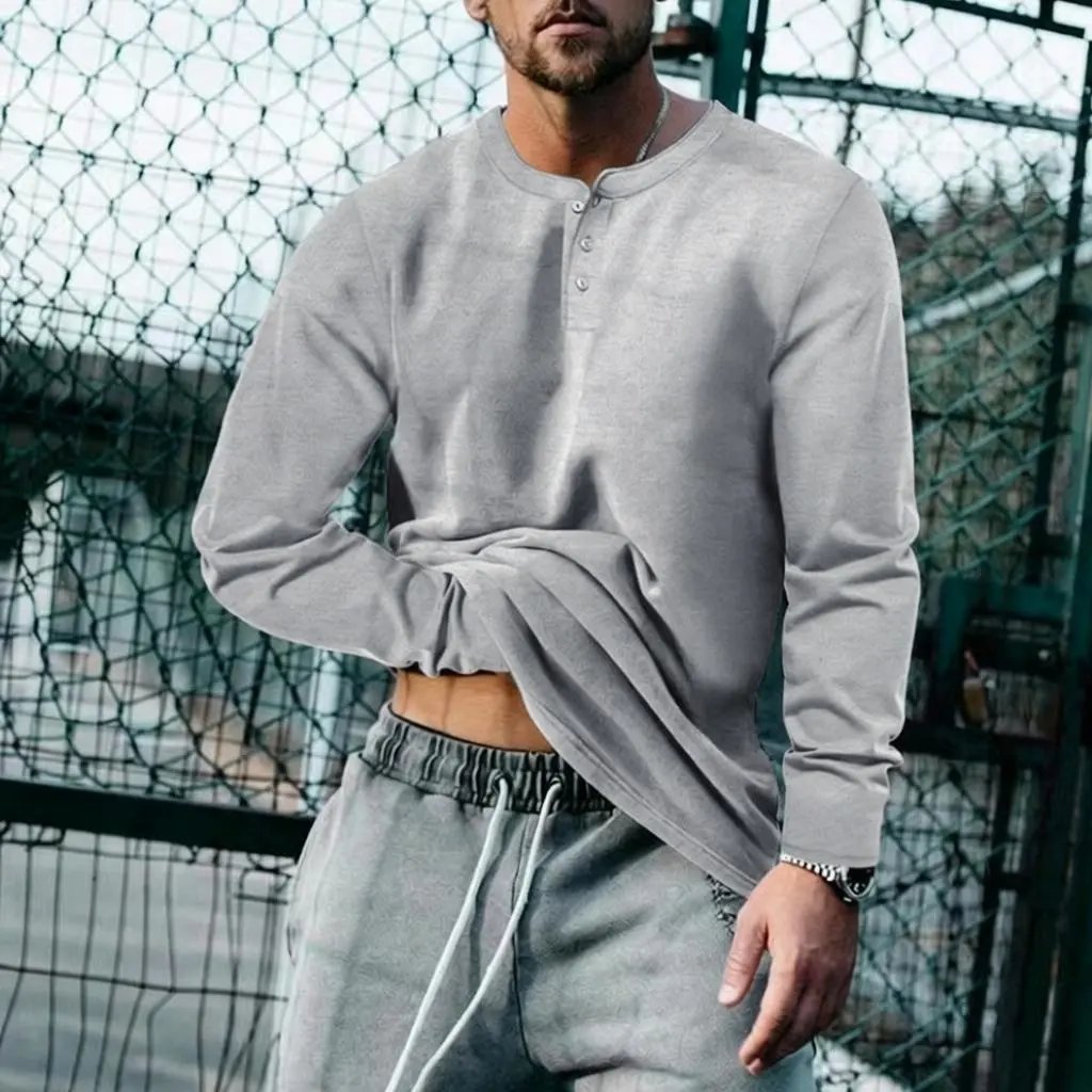 Unbranded T-Shirts Long Sleeve Henley T-Shirt — Light gray