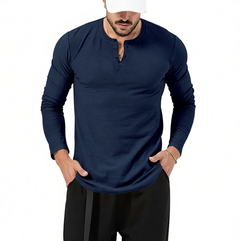 Unbranded T-Shirts Long Sleeve Henley T-Shirt — Navy Blue