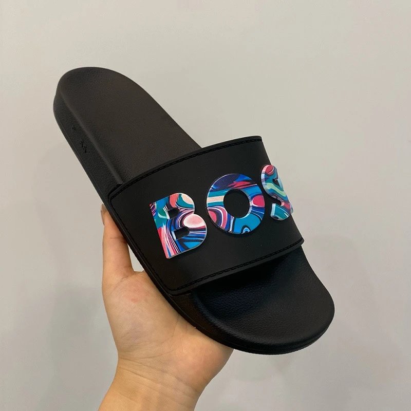 HUGO Black and Blue Slide Sandals with Multicolor Logo