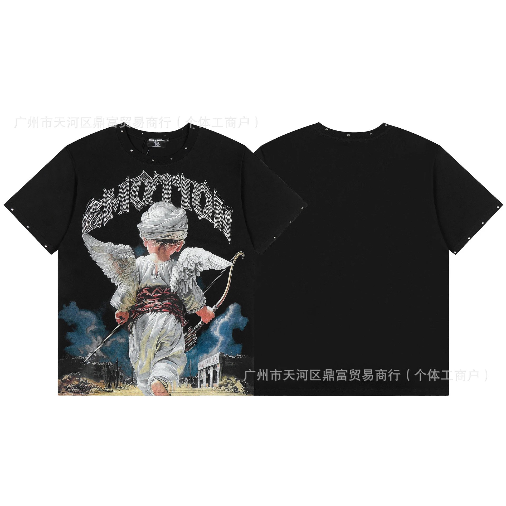Mixed Emotion Rhinestone Angel Graphic Short Sleeve T-Shirt