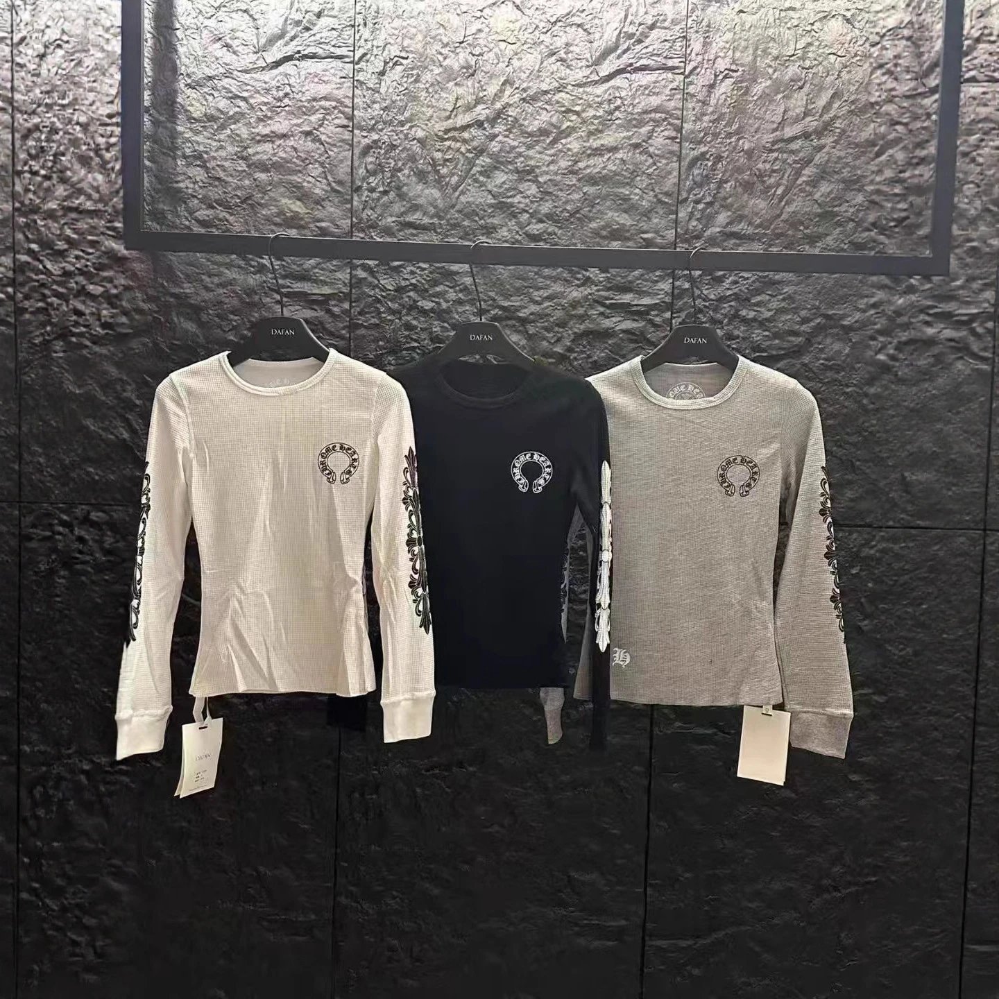 Chrome Hearts Long Sleeve Waffle Knit Shirt with Horseshoe Cross Logo