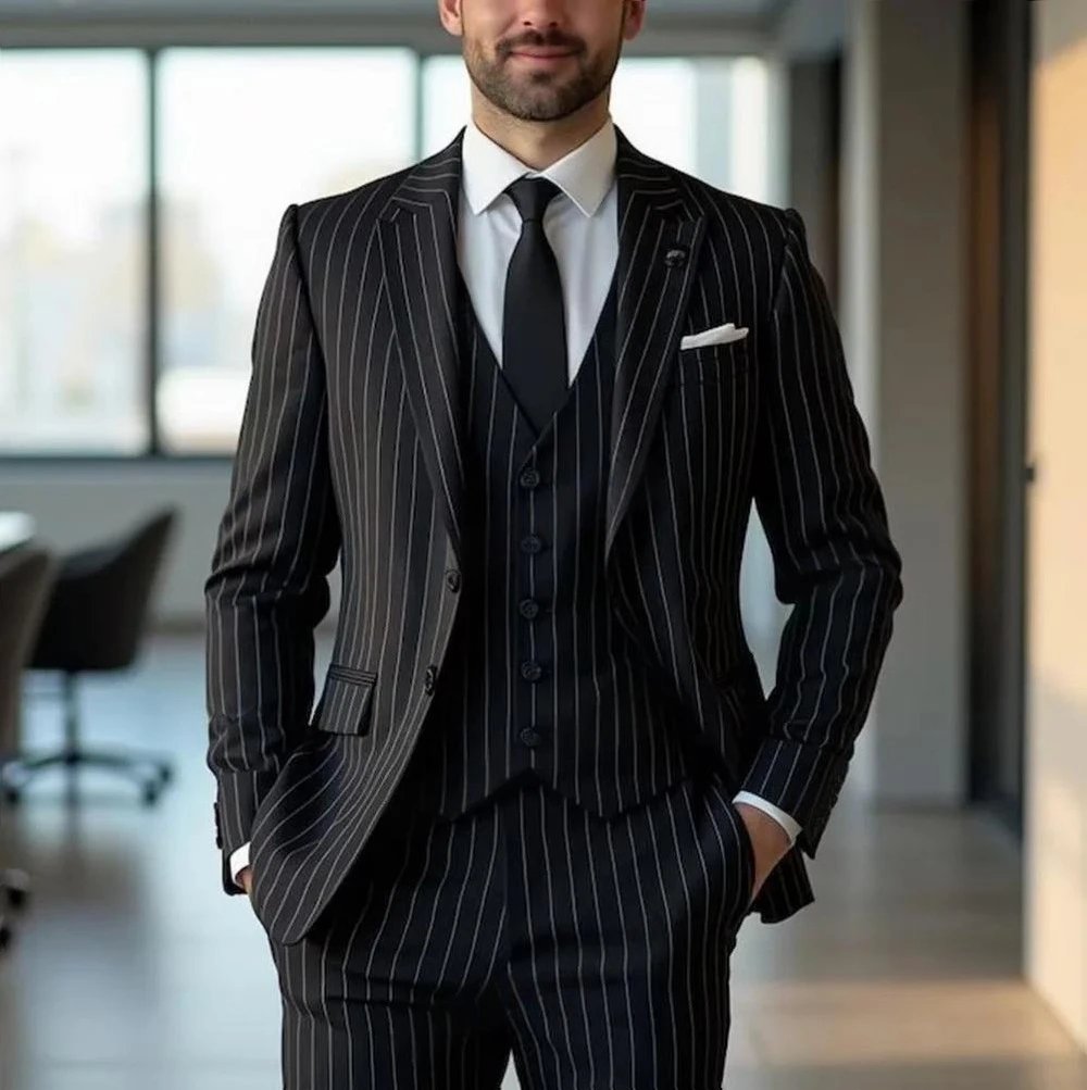 Men's Three-Piece Pinstripe Suit Notched Lapel Single Breasted