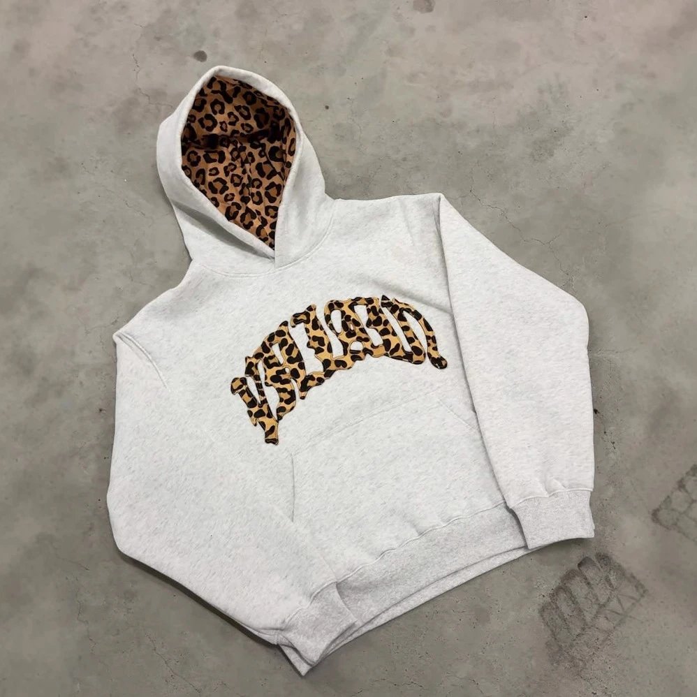 Grey Pullover Hoodie with Leopard Print Lining and Graphic