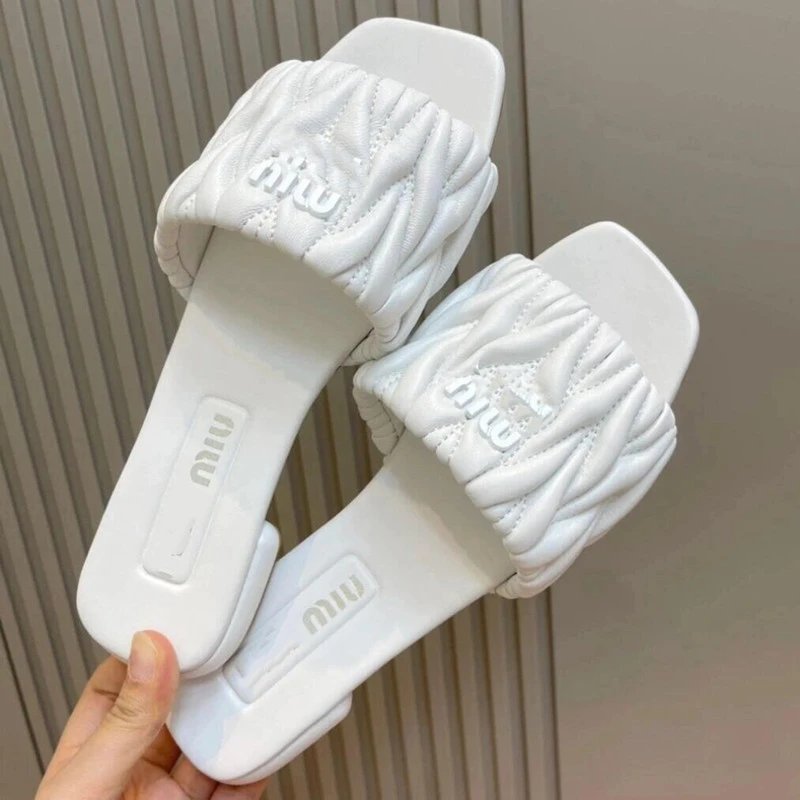 Miu Miu Quilted Leather Slide Sandals with Logo Strap