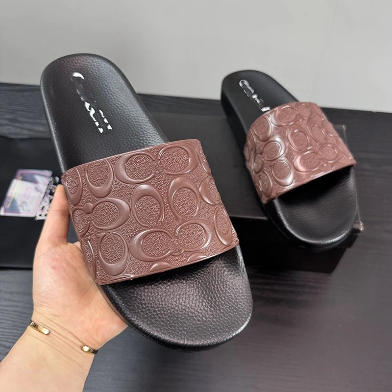 Coach Women's Slide Sandals with Embossed Signature C Logo Strap