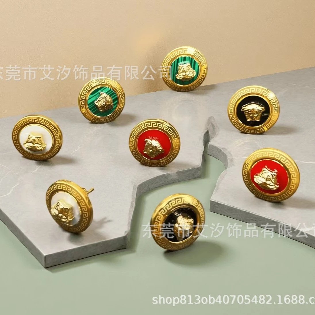 Gold Tone Round Stud Earrings with Greek Key Border and Enamel Center