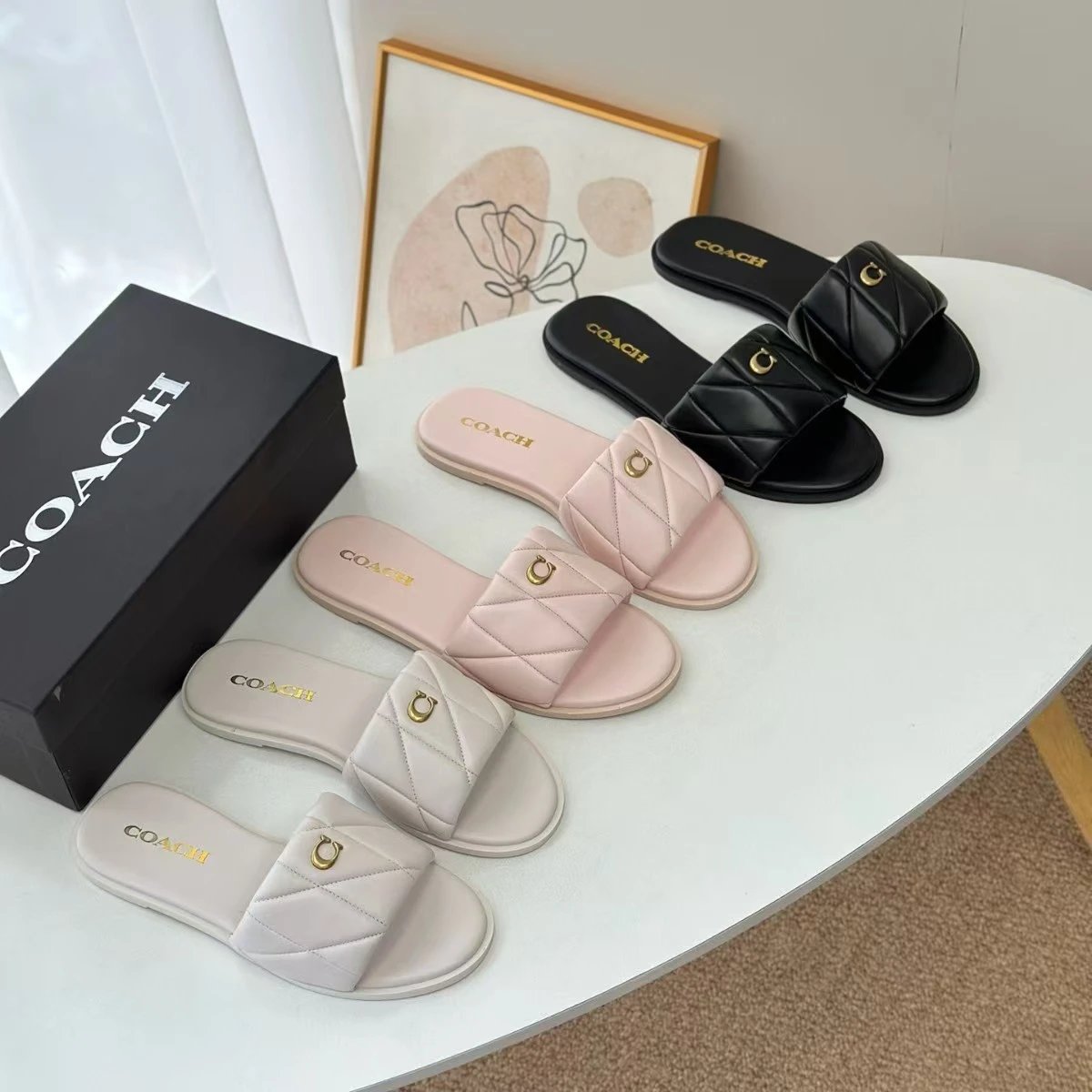 Coach Quilted Leather Slide Sandal with Gold C Logo