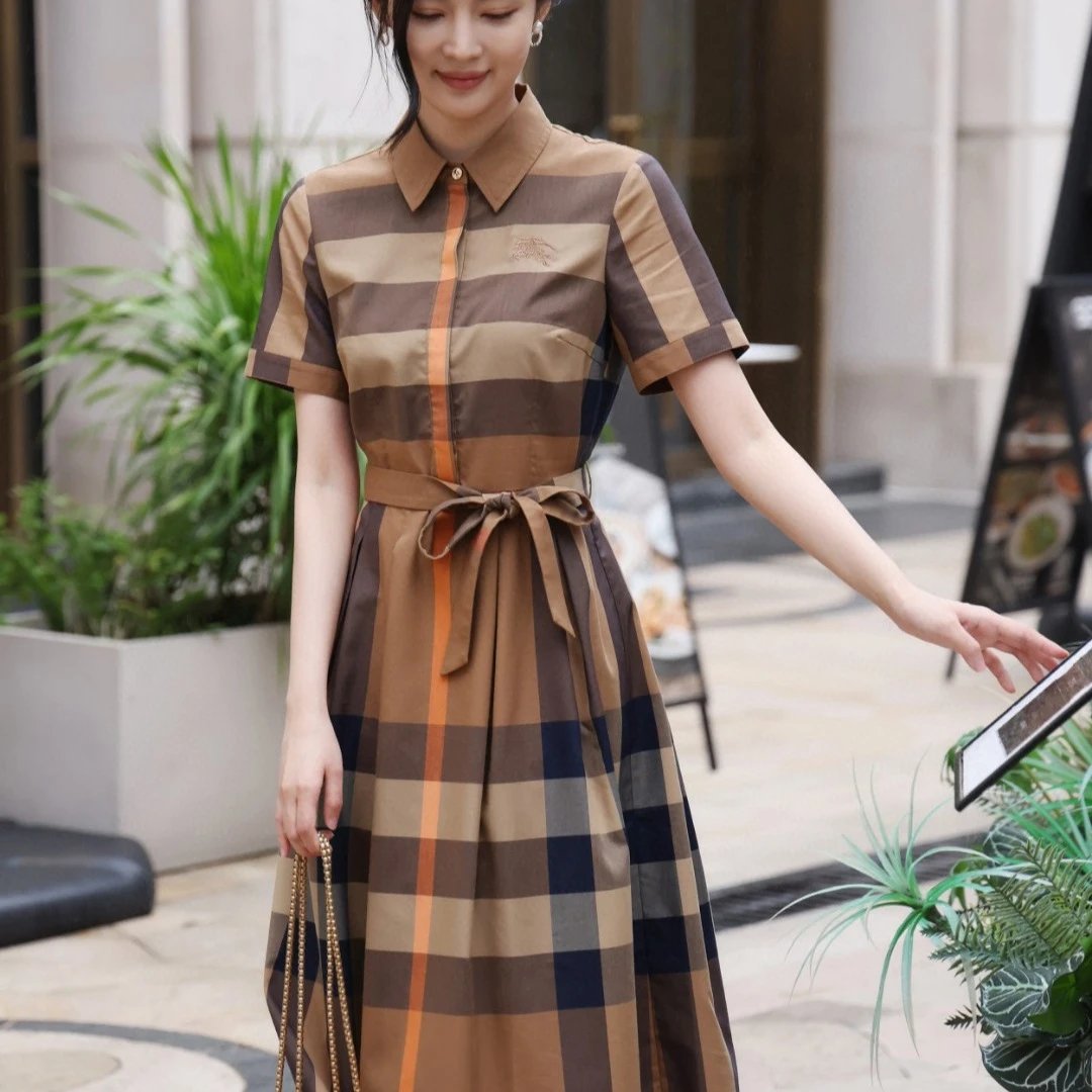 Burberry Short Sleeve Plaid Shirt Dress with Belt
