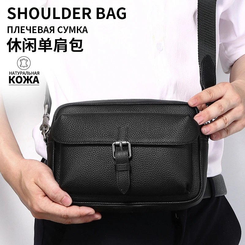 Men's Pebbled Leather Crossbody Bag with Front Flap and Buckle Closure
