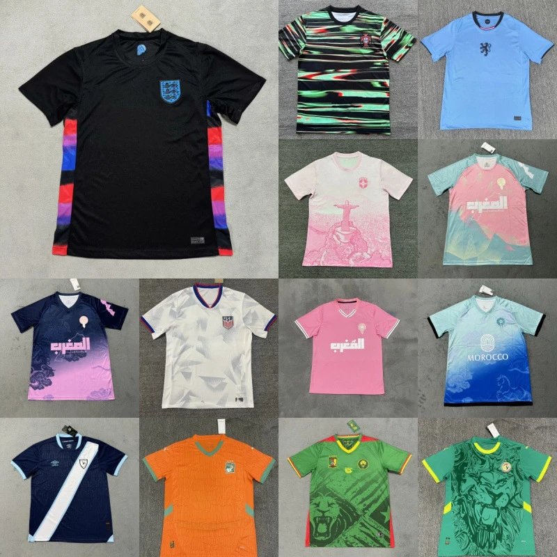 Assorted National Team Soccer Jerseys with Crests and Graphic Prints