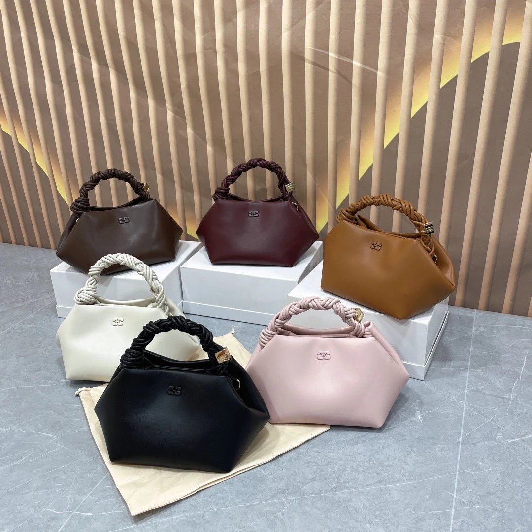 Ganni Geometric Leather Handbag with Braided Top Handle