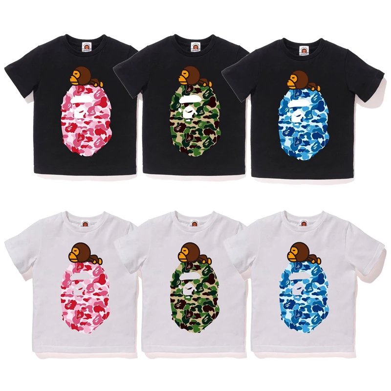 Kid A BATHING APE Black and White Camo Monkey T-Shirts