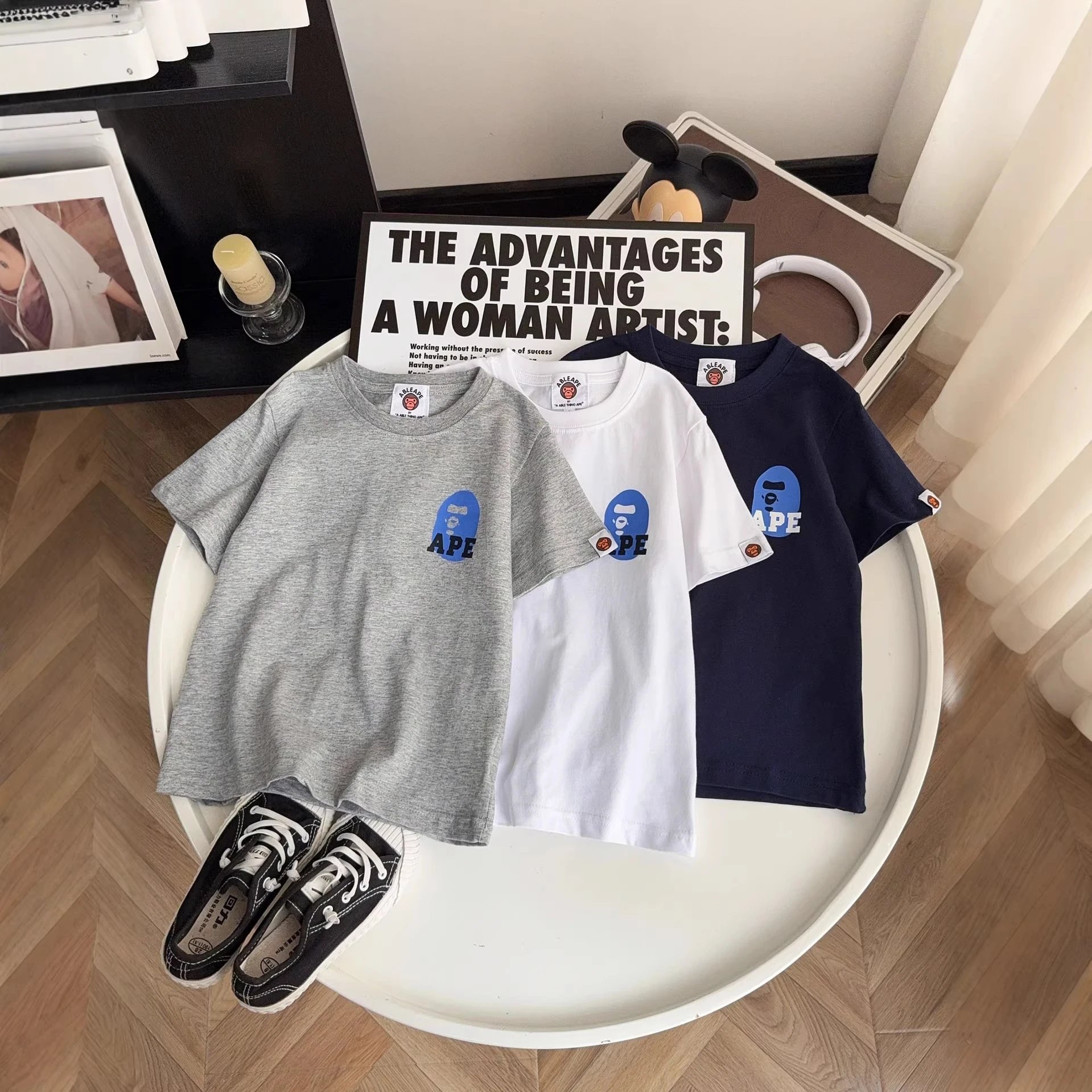 Kid A BATHING APE Grey White and Navy T-Shirts