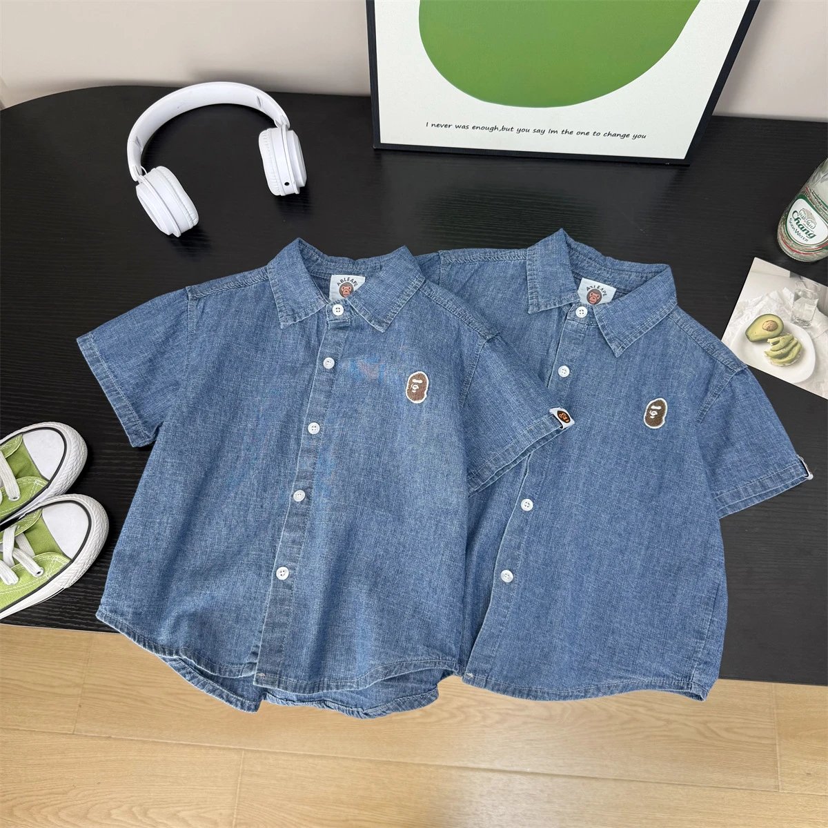 Kid Ape Logo Blue Denim Short Sleeve Shirt