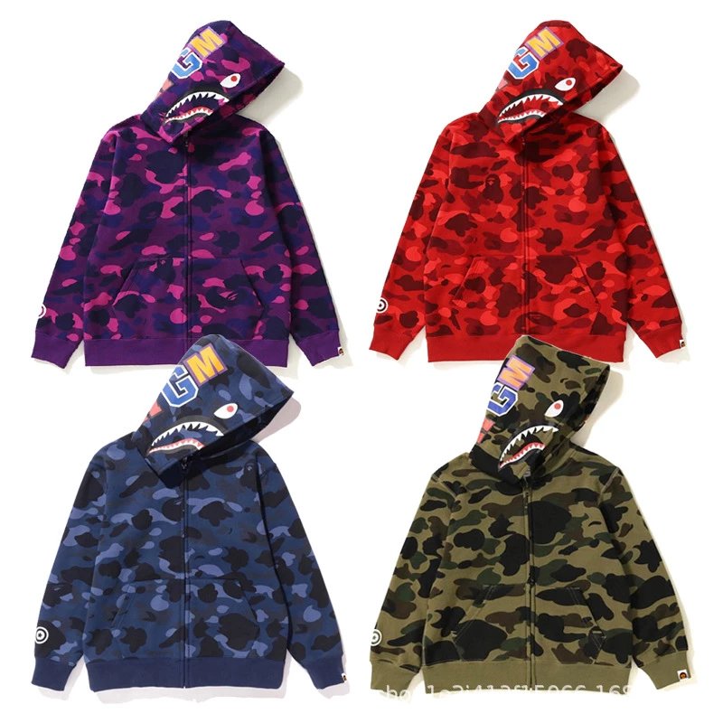 BEII&BAPE Kids' Camo Shark Print Fleece-Lined Hooded Zip-Up Sweatshirt - Winter Boys' & Girls' Pullover (Ages 100-150cm)