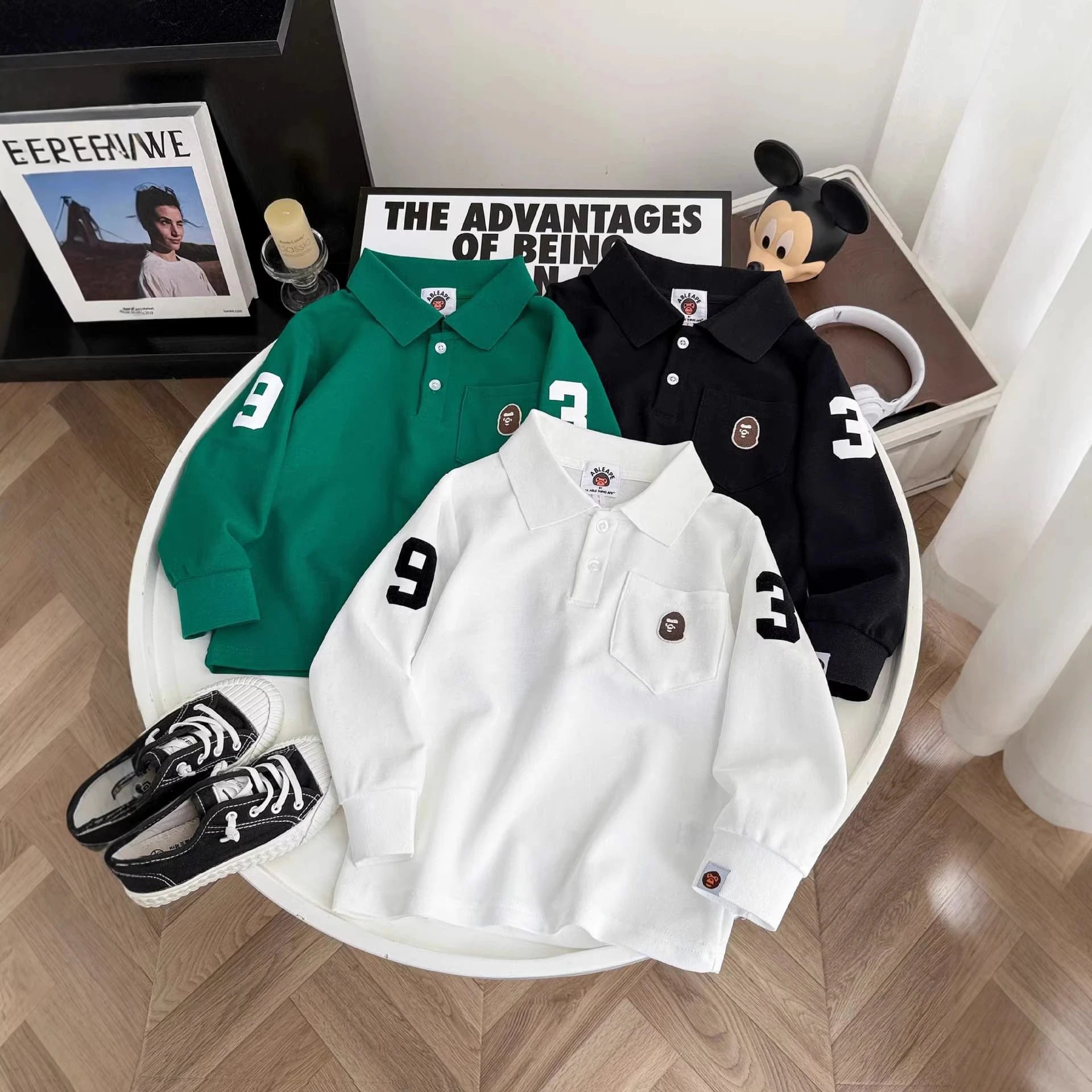 Kid Long Sleeve Polo Shirts in Green, Black, and White