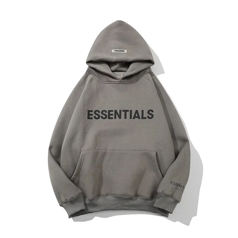 Essentials Charcoal Grey Flocked Large-Letter Hoodie - rep bluzy z kapturem