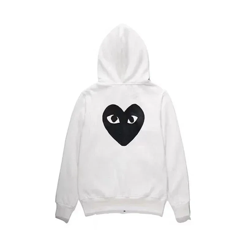 Comme des Garçons Play — Zip-Up Hoodie with Black Double-Eyed Heart Graphic on the Back - rep bluzy z kapturem