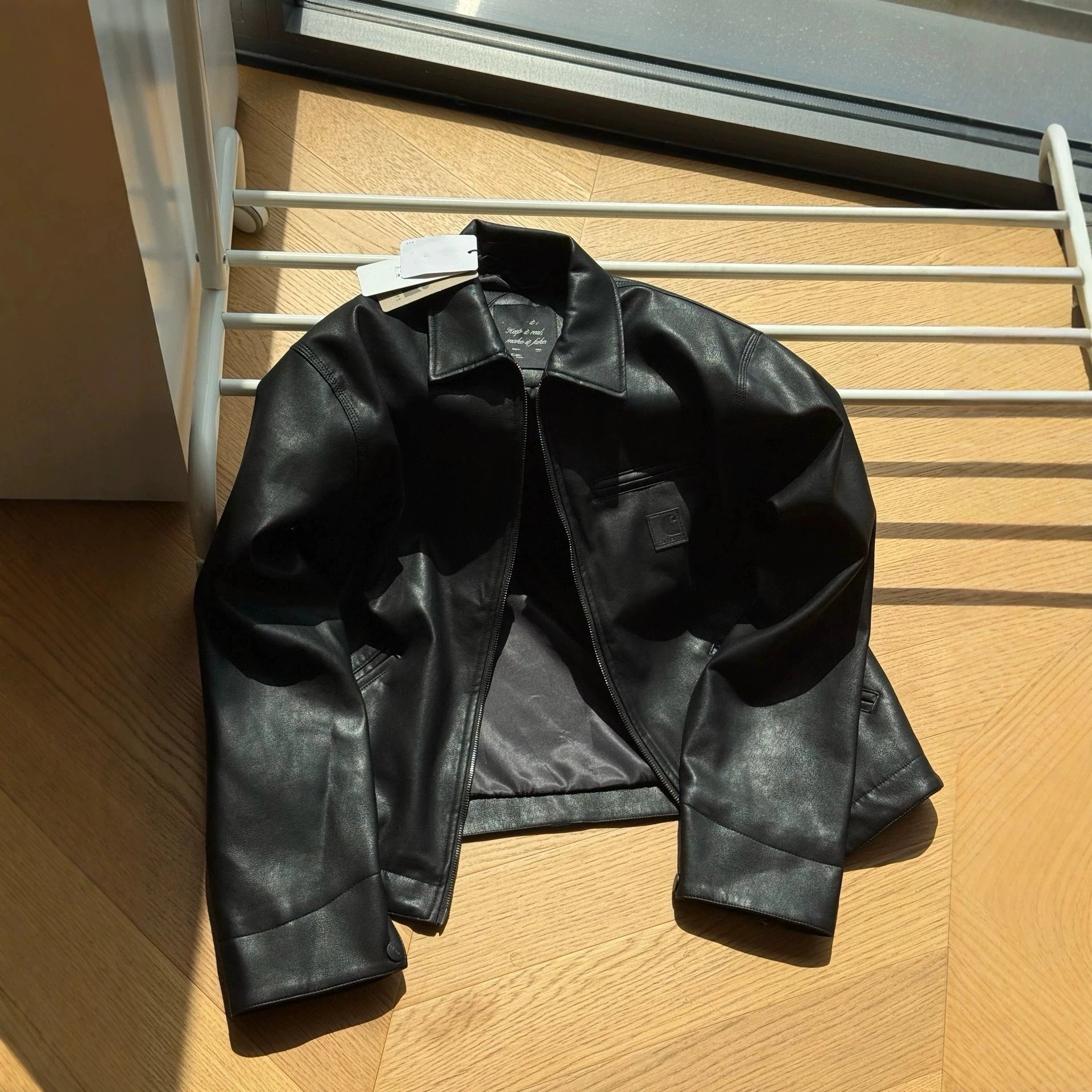 Black Faux Leather Zip-Up Collar Jacket