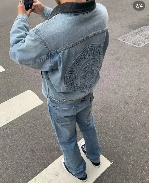 Stussy x Levi's Denim Jacket with Wool Lining and 8-Ball Graphic Gray Striped Outerwear - 2