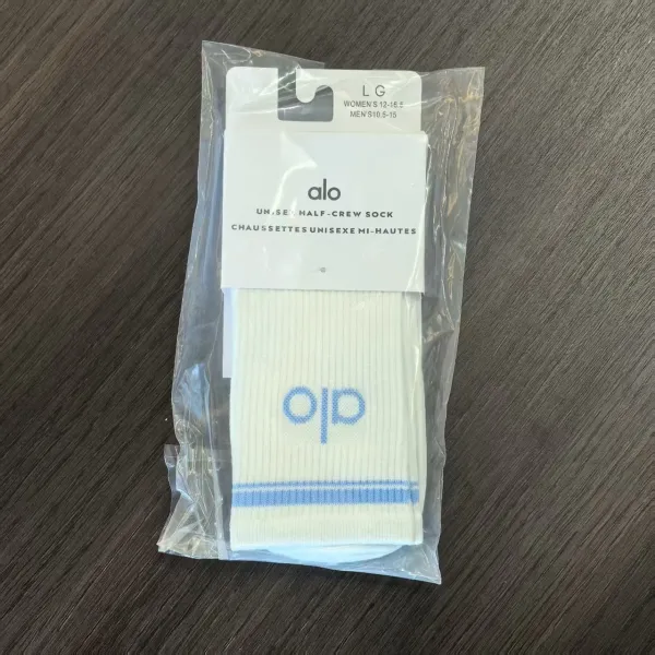 Alo Unisex Half-Crew Sock White with Light Blue Logo and Stripes - 1