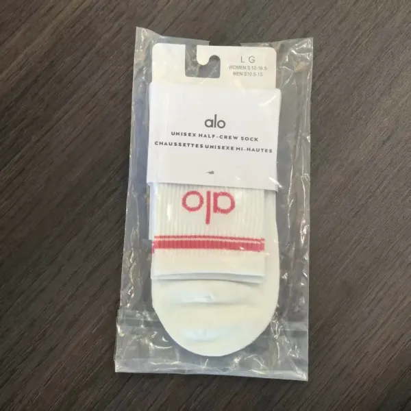 Alo Unisex Half-Crew Sock White with Red Logo - 1
