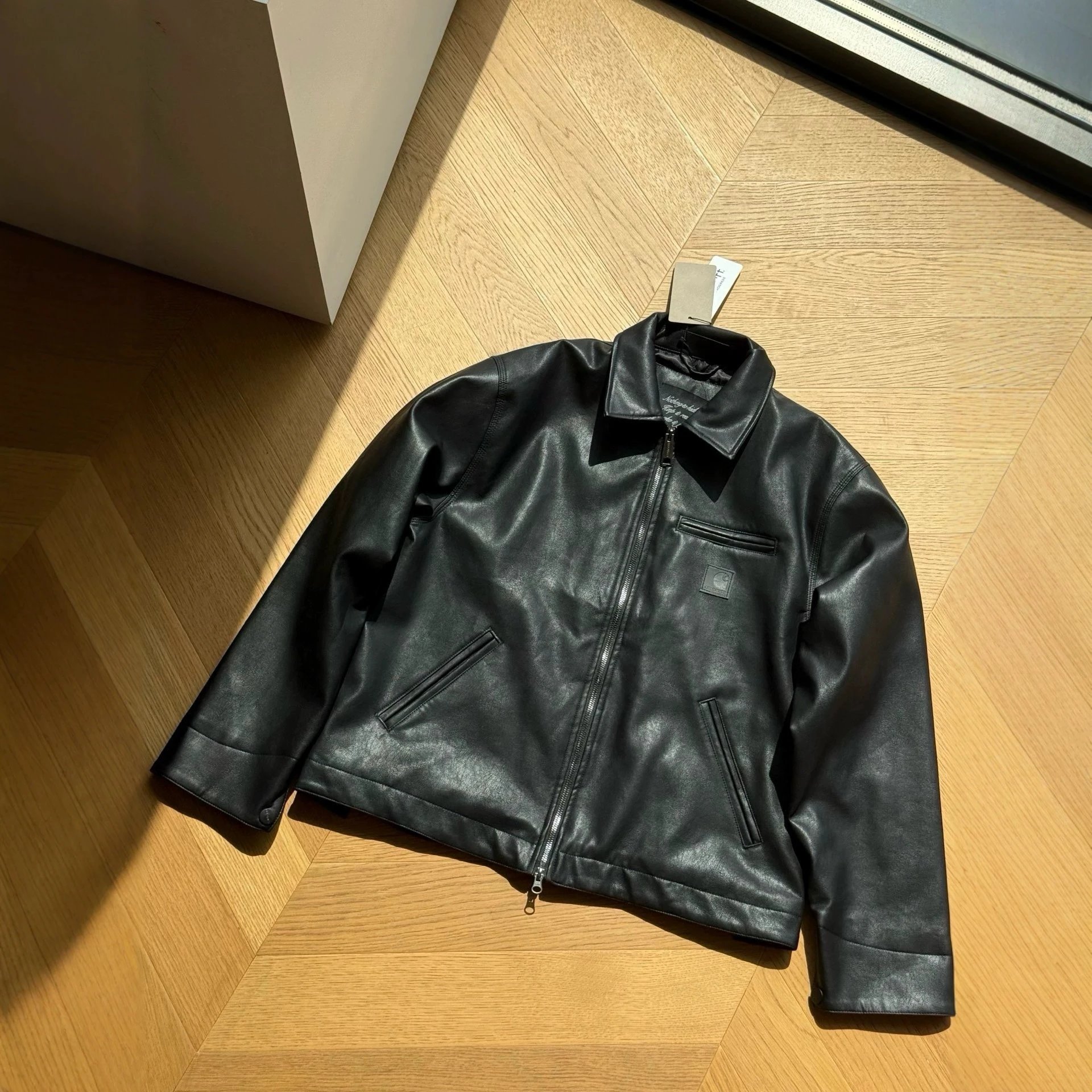 Black Faux Leather Zip-Up Collar Jacket