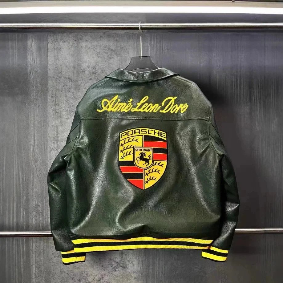 Porsche Green Yellow Racing Style Leather Jacket