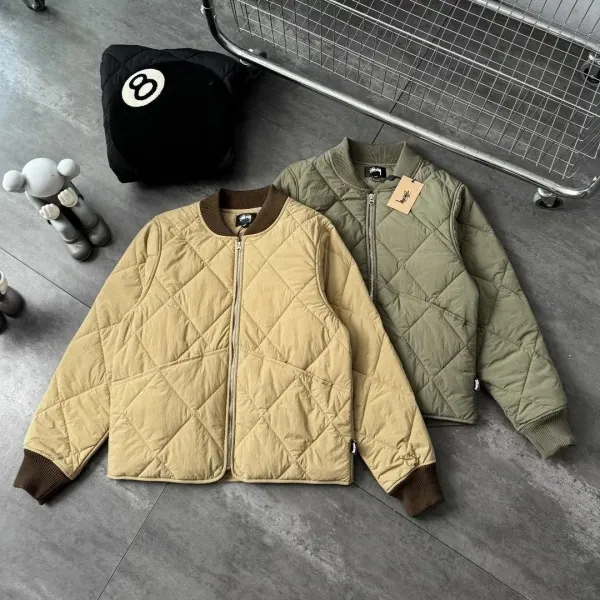 Stussy 8-Ball Quilted Bomber Jacket Beige and Olive Green Outerwear Jacket - 3