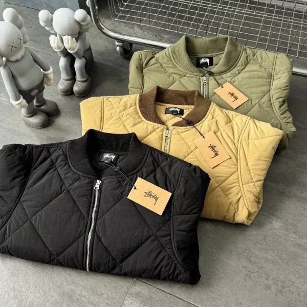 Stussy 8-Ball Quilted Bomber Jacket Beige and Olive Green Outerwear Jacket - 7