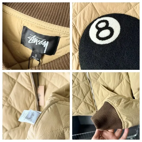 Stussy 8-Ball Quilted Bomber Jacket Beige and Olive Green Outerwear Jacket - 10