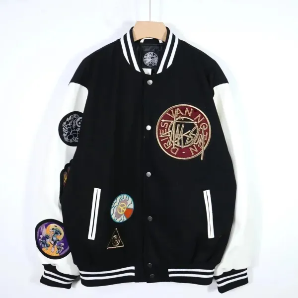 Stussy x Dries Van Noten Letter Pattern Embroidered Animal Patch Varsity Jacket Black Outerwear Jacket - 8