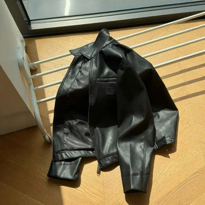 Black Faux Leather Zip-Up Collar Jacket