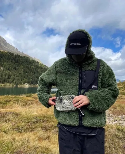 Stussy Fleece Sherpa Hooded Jacket Olive Green Outerwear - 3