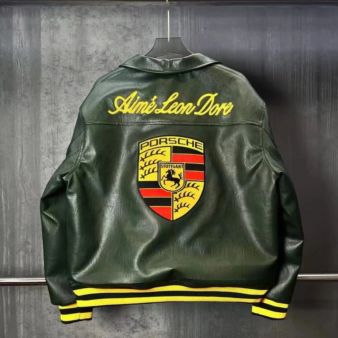 Porsche Green Yellow Racing Style Leather Jacket