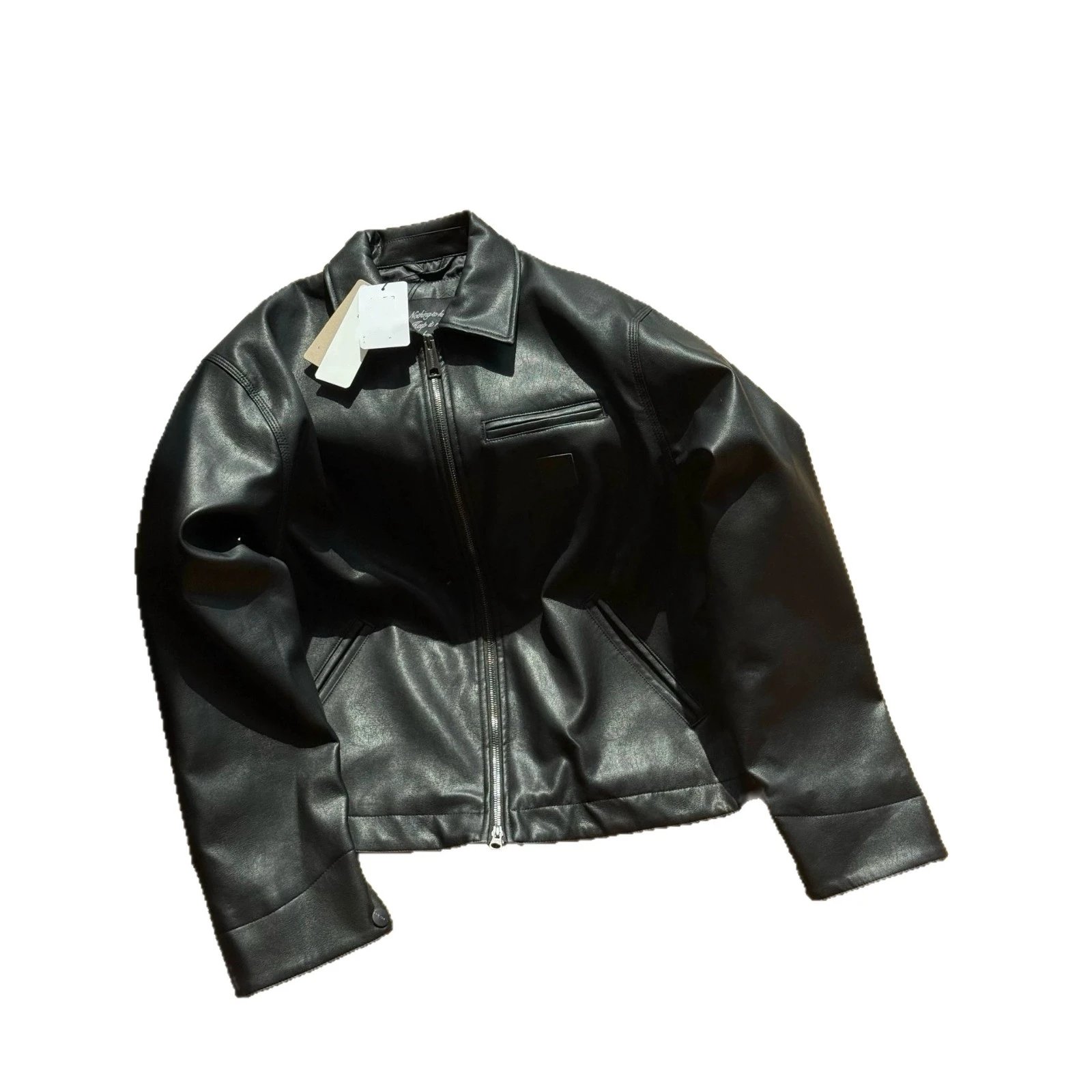 Black Faux Leather Zip-Up Collar Jacket