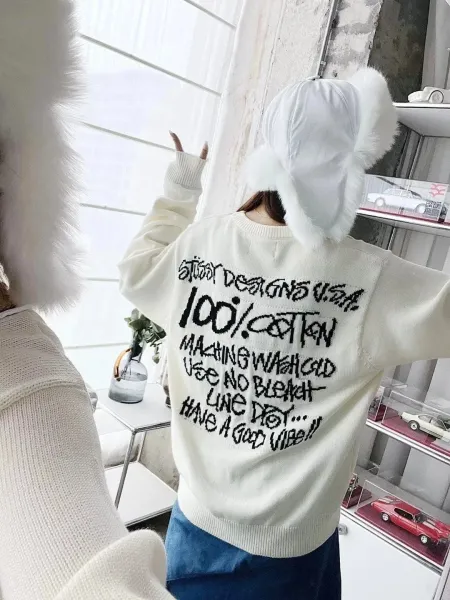 Off-White Knit Sweater with Back Graphic Print Cream - 2