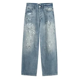 thumbnail for AC手绘泼墨磨破水洗做旧阔腿牛仔裤