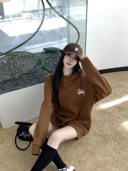 Stussy Classic Logo Oversized Sweatshirt Brown Hoodie - 4