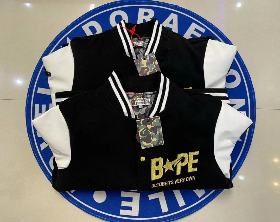 A Bathing Ape Owl Varsity Jacket Black and Beige Outerwear - 2
