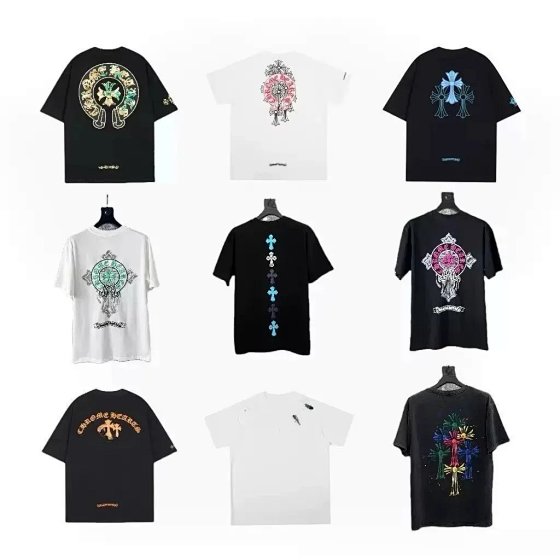 Colorful patchwork cross-design short-sleeved T-shirt with contrasting colors.